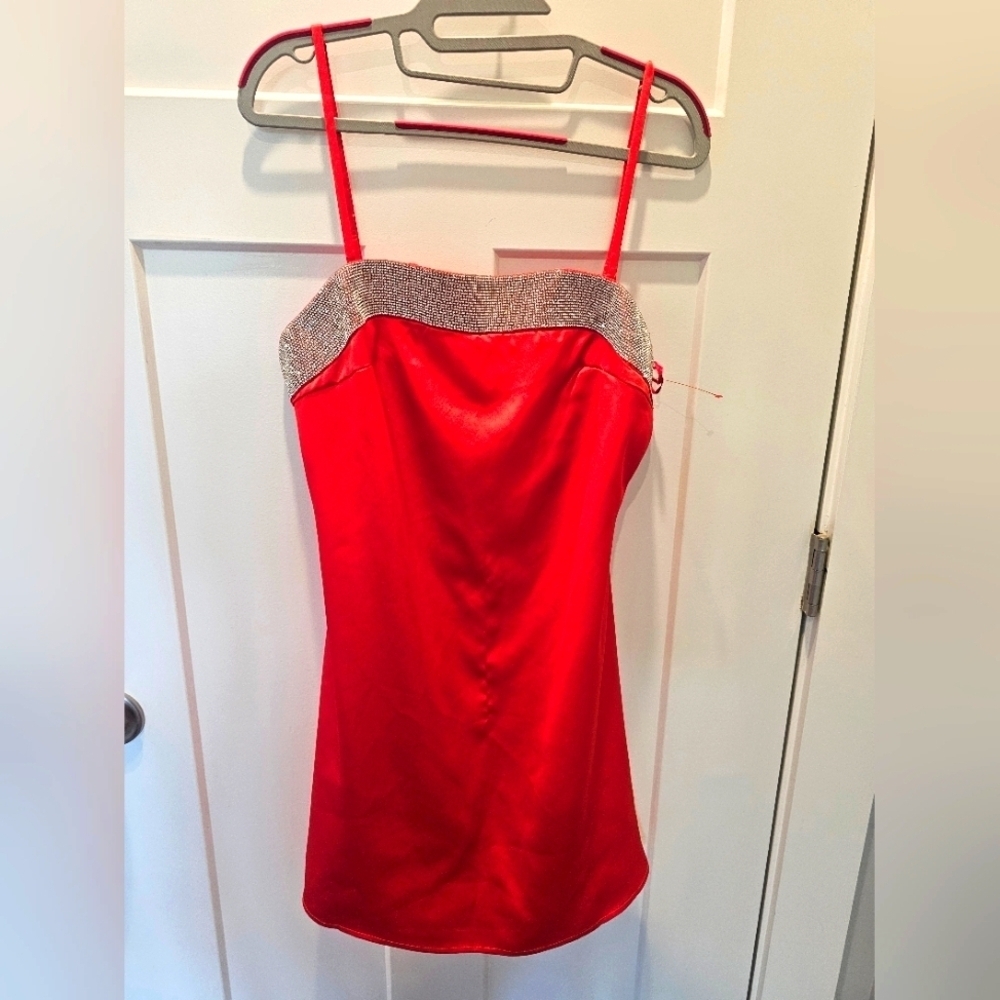 NWT Vestique Ruby Red Rhinestone Trim Mini Dress Size L
